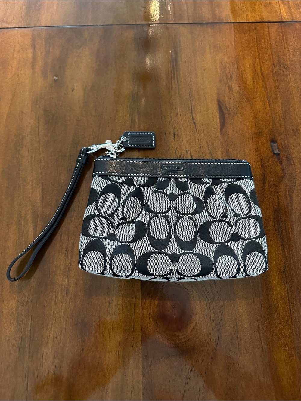 Coach Black and Gray Signature Card Wristlet with Detachable Strap